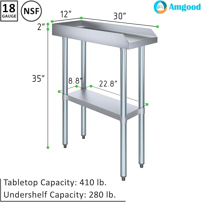 AmGood Commercial Work Table with Backsplash and Sidesplashes | Height: 35" | Stainless Steel Prep Table for Kitchen, Restaurant, Garage, Laundry | NSF (12" Long x 30" Deep)