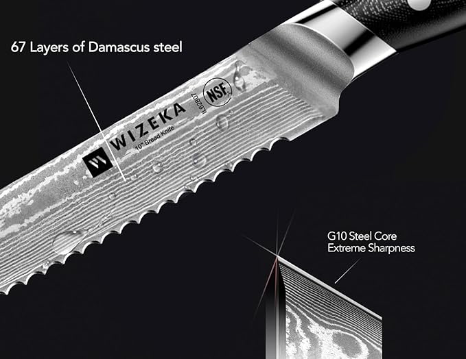WIZEKA Serrated Bread Knife: 10 inch Damascus Bread Knife for Homemade Bread: Razor Sharp VG10 Damascus Steel Multifunction Serrated Knife for Slicing Homemade Bread, Bagels, Cake