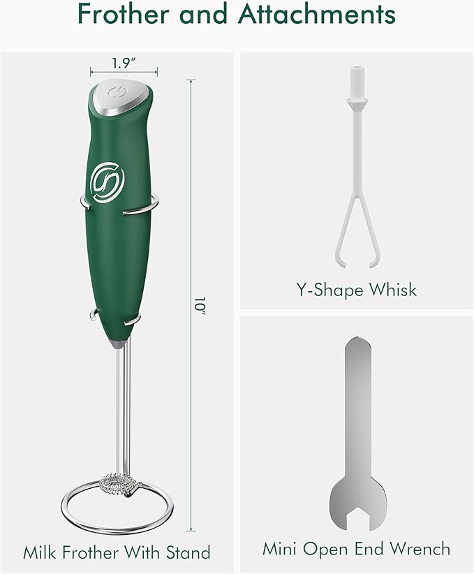 Milk Frother With Stand Milk Frother Wand Coffee Frother Handheld Drink Mixer Handheld with 2 Whisks Electric Whisk Stirrers Electric Milk Frother for Coffee Mixer Wand Milk Foamer-Green