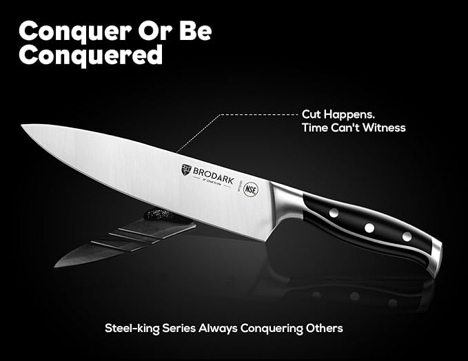 BRODARK Knife Set: 7 Piece Sharp Knife Set Without Steak Knives, Knives Set for Kitchen with German Stainless Steel & Ergonomic Handle, Acacia Wood Block with Built-in Sharpener, Ideal Gifts