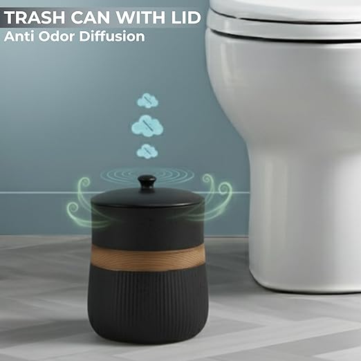 Escenzy Black Bathroom Trash Can with Lid 5L | 7" x 10" | Decorative Small Garbage Can | Modern Ceramic Waste Basket for Bathroom, Bedroom, Kitchen, Hotels or Living Room Decor | Luxe Restroom Decor