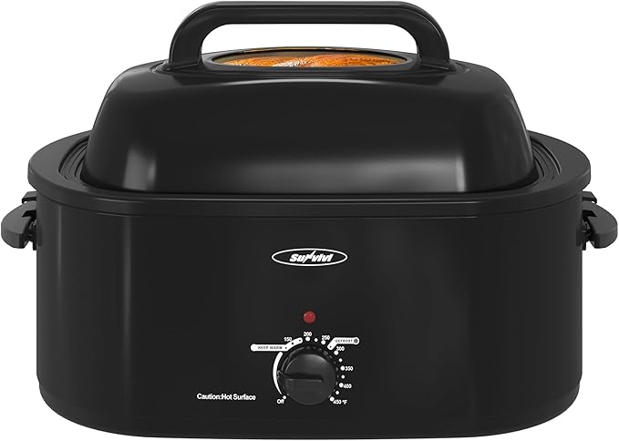 Roaster Oven, Electric Roaster Oven with Viewing Lid, Large Roaster with Removable Pan & Rack, Turkey Roaster with Unique Defrost/Warm Function, Stainless Steel, Black, 24QT