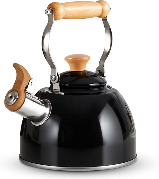 ROCKURWOK Tea Kettle, Tea Pot with Cool Touch Ergonomic Handle, Teapot Food Grade Stainless Steel, Tea Kettle Stovetop, Kettle Teapot, Whistling Tea Kettle, Small Tea Pot, 1.6 Quart (Black)