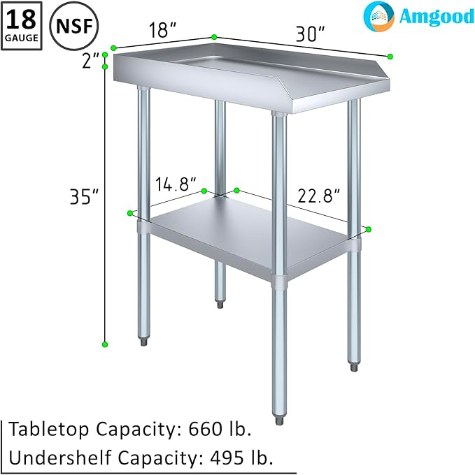 AmGood Commercial Work Table with Backsplash and Sidesplashes | Height: 35" | Stainless Steel Prep Table for Kitchen, Restaurant, Garage, Laundry | NSF (18" Long x 30" Deep)