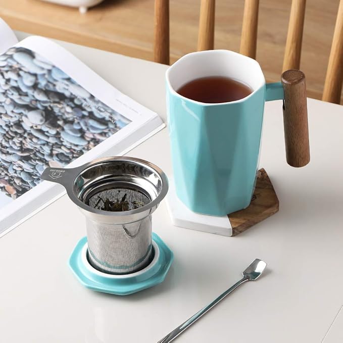 Sweejar Ceramic Tea Infuser Cup with Lid, Wooden Handle Teacup with Strainers for Loose Leaf Tea, 17 oz Geometric Shape Coffee Mug, Steeping Mug with Infuser, Women Christmas Gift (Turquoise)