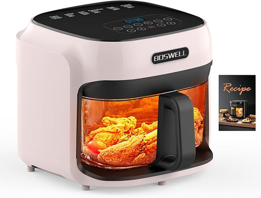 BOSWELL Glass Air Fryer, 7.5 QT with Transparent Fry Bowl, Circulating Heating, Temperature Control, Stainless Steel Air Fryer Roast, Dishwasher Safe (Pink)