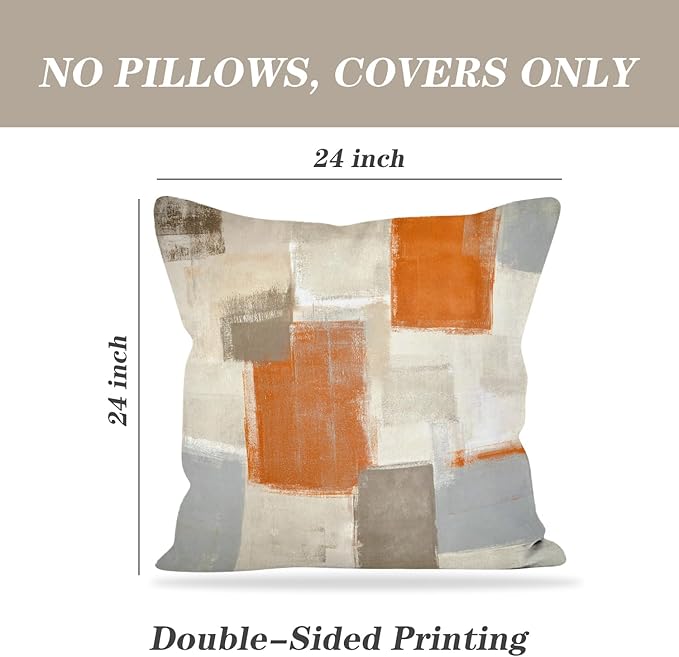 Orange and Grey Abstract Art Artwork Pillow Cover, Gallery Modern Decorative Throw Pillows Cushion Cover for Bedroom Sofa Living Room 24 x 24 Inch Set of 2