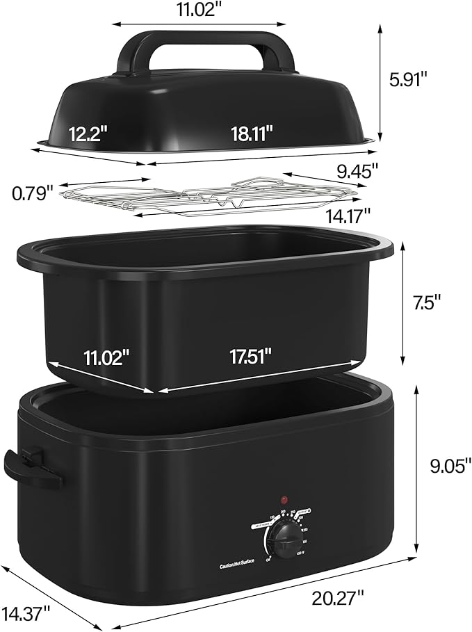 RoyalCraft 22-Quart Electric Roaster Oven with Visible Self-Basting Lid, Turkey Roaster Oven with Removable Pan and Rack, Perfect for Large Meals and Holiday Feasts, Black