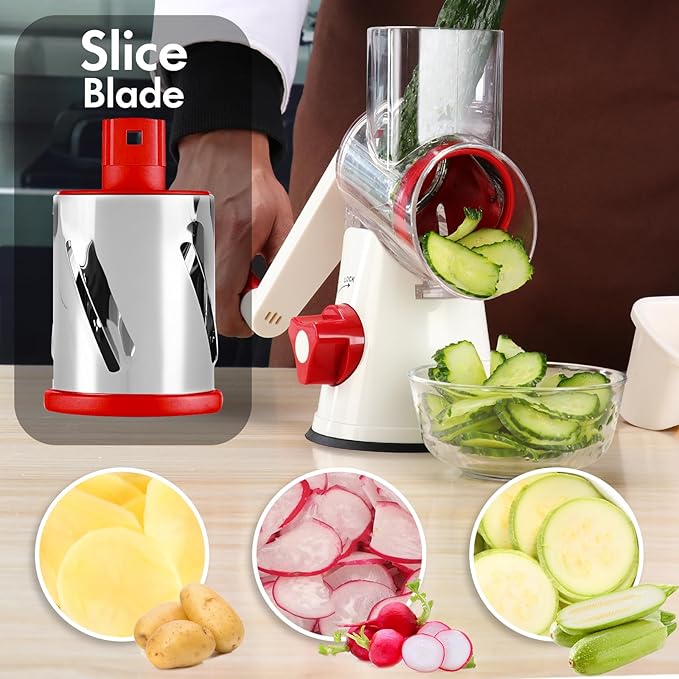 Rotary Cheese Grater Hand Crank, 3 in 1 Round Mandoline Slicer Potato Shredder Speed Vegetable Grinder for Nuts, Carrot, Hashbrown, Walnut, Cucumber, Chocalate (White Red)