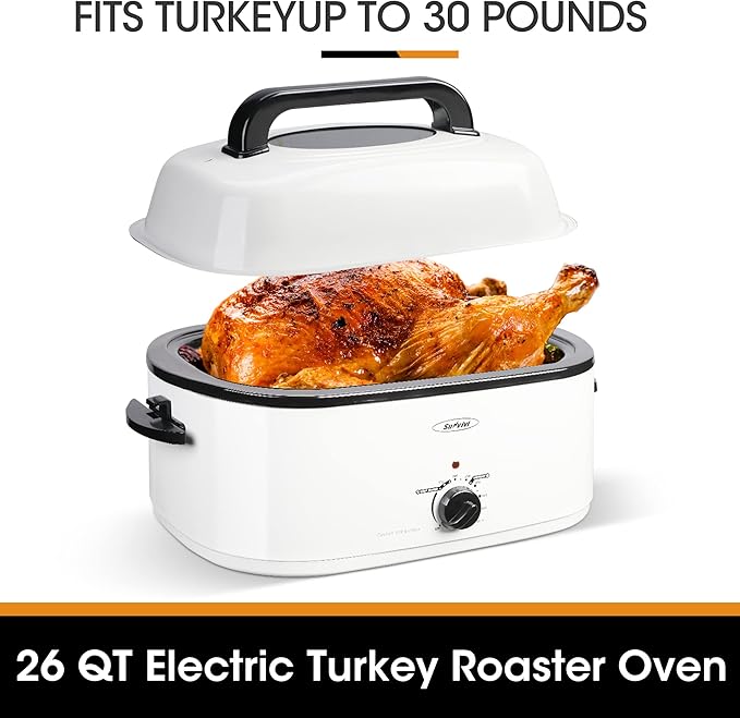 Roaster Oven, Electric Roaster Oven with Viewing Lid, Large Roaster with Removable Pan & Rack, Turkey Roaster with Unique Defrost/Warm Function, Stainless Steel, White, 26QT