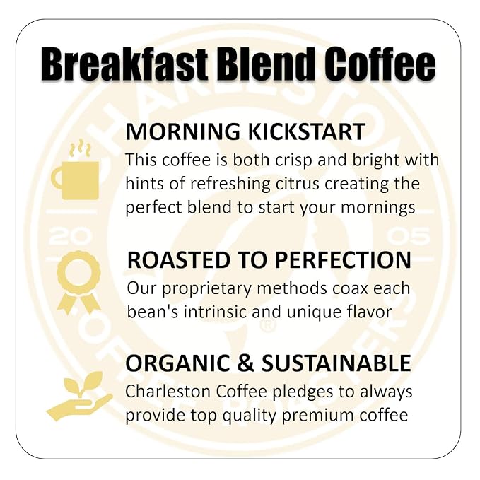 Charleston Coffee Roasters | Specialty Organic Whole Bean Coffee | Hand Picked, Premium Slow Roast | (Breakfast Blend, Medium Roast) 12oz