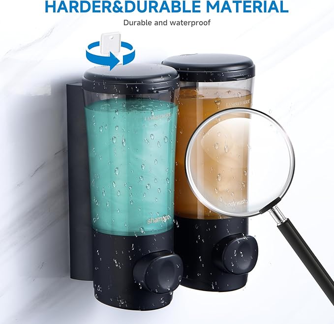 Shampoo and Conditioner Dispenser,Shower Dispenser 2 Chamber No Drill Shampoo Dispenser for Shower Wall Mounted Shower Shampoo Body Wash for Bathroom,Hotel,2 * 450ML,Black