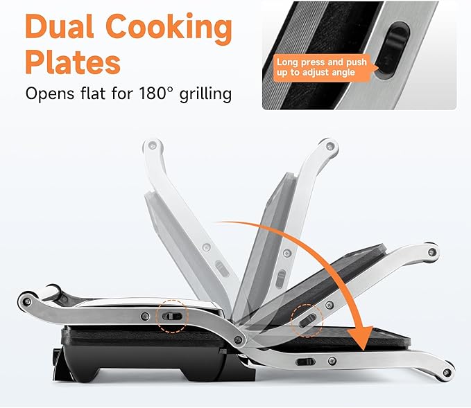 SUSTEAS Panini Press Sandwich Maker and Electric Indoor Grill with Temperature Setting and Grease Tray, Easy Clean Nonstick Grids, Opens 180° to Fit Any Type or Size of Food, 1500W, BBQ, Black