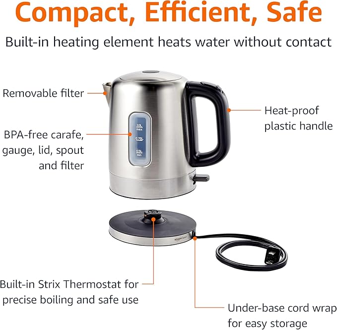 Amazon Basics Electric Stainless Steel Kettle for Tea and Coffee, BPA-Free, Fast Boiling, Auto Shut-Off, 1.1 Quarts, 1500W, Black and Silver