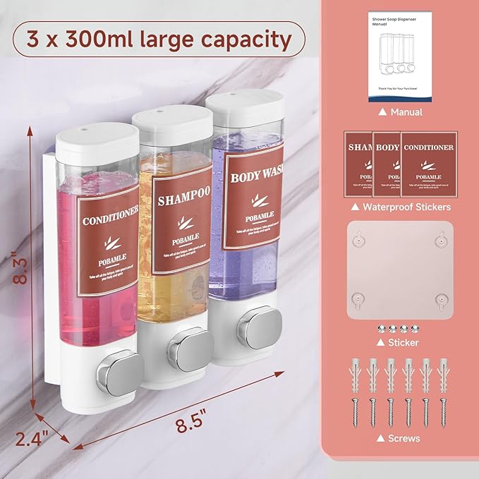 Shampoo and Conditioner Dispenser Wall Mounted Shower Soap Dispenser No Drill Shampoo Dispenser for Shower 3 Chamber Bathroom Body Wash Shower Gel Holder White
