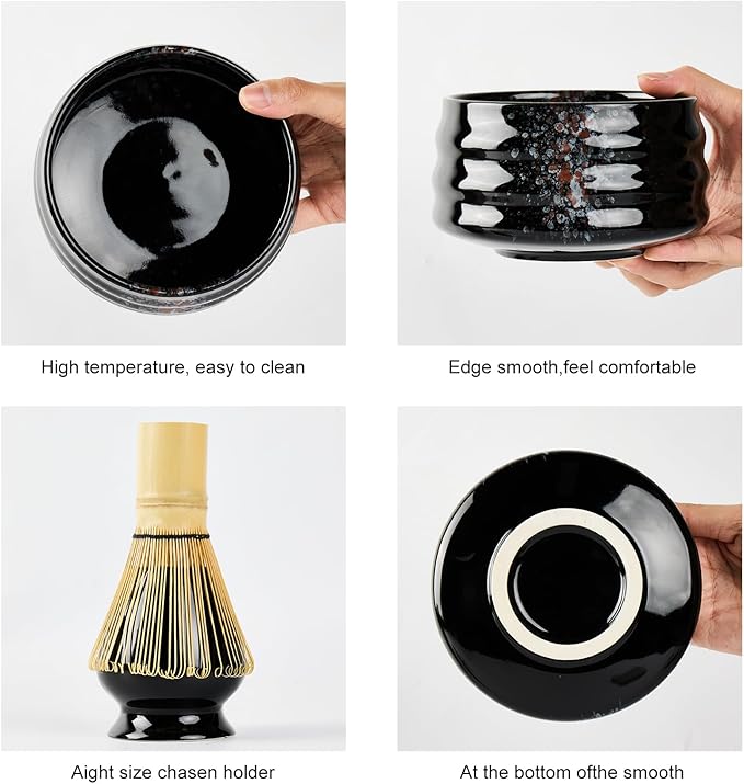 Sisher Matcha Tea Set,Matcha Making Kit (5pcs) Includes Matcha Bowl, Matcha Whisk and Holder, Bamboo Scoop, Scoop Rest and Sifter Matcha Bowl Set for Matcha Lovers (Black)