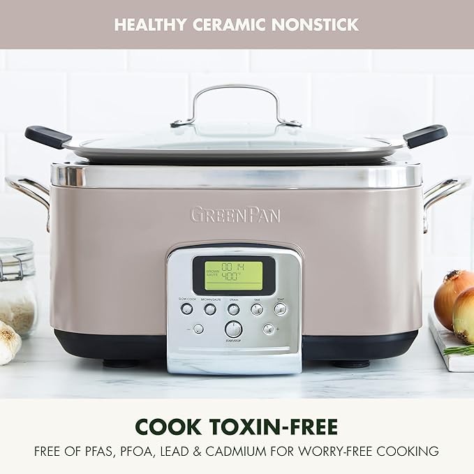 GreenPan Elite 8-in-1 Programmable 6QT Electric Slow Cooker, Dishwasher Safe Lid & Removable Crock, PFAS-Free Healthy Ceramic Nonstick Multi-Cooker, Sear, Sauté, Brown, Steam Basket, Roast, Clay