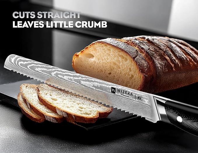 WIZEKA Serrated Bread Knife: 10 inch Damascus Bread Knife for Homemade Bread: Razor Sharp VG10 Damascus Steel Multifunction Serrated Knife for Slicing Homemade Bread, Bagels, Cake