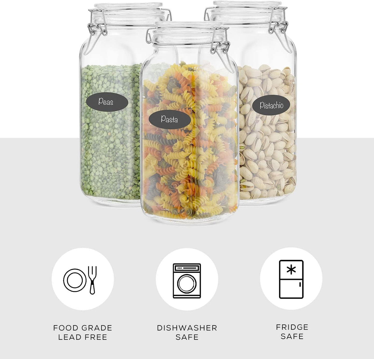 JoyJolt Airtight Glass Jars with Lids Set of 3. 78oz Glass Jar with Lid and 6 Silicone Seals! Large Glass Food Storage Containers. Square Mason Jar for Candy, Flour, Pasta Containers for Pantry
