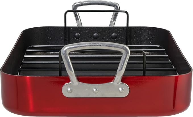 Servappetit 20 lb. Roasting Pan with Rack, Non-Stick, Hard-anodized with teflon-coating, 15 5/8 in x 12 in x 2 6/8-in, Red