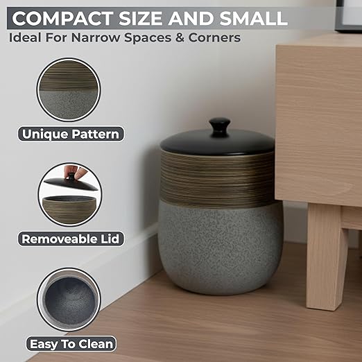 Escenzy Vintage Grey Bathroom Trash Can with Lid 5L | 7" x 10" | Decorative Small Garbage Can | Ceramic Waste Basket for Bathroom, Bedroom, Kitchen, Hotels or Living Room Decor | Modern Restroom Decor