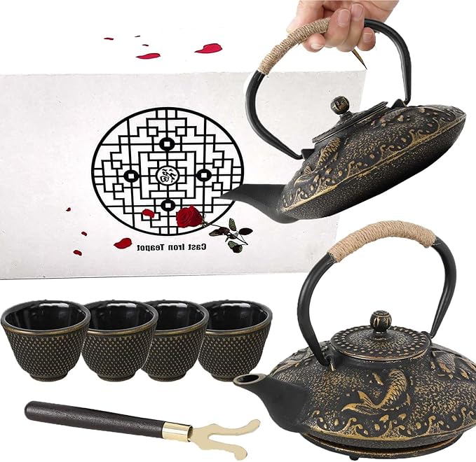 Cast Iron Teapot Set with Gift Pakckage, Koi Fish Tea Pot, Japanese Style Tetsubin Tea Gift Set, 4 Cups, Trivet and Lid Holder (koi fish)