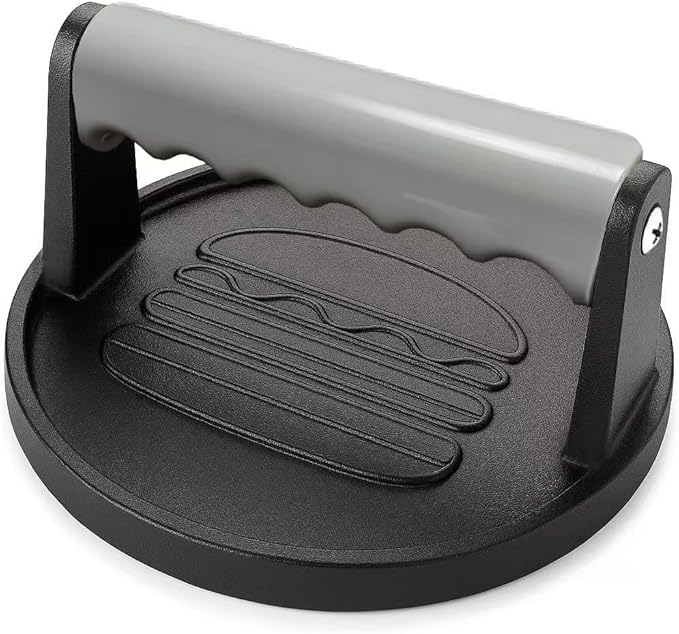 Smash Burger Press 6.7-Inch Round Cast Iron Grill Press with Ergonomic Silicone Handle – Heavy-Duty Bacon with Unique Burger Design for Even Grilling
