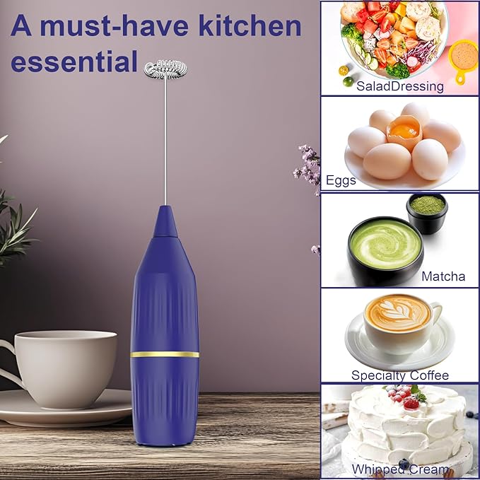 Cordless Milk Frother Handheld | Easy Clean, Detachable | Multi-Functional Drink Mixer for Coffee, Matcha, Eggs | Compact & Portable | Gift (Blue)
