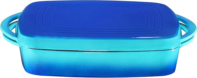 Bruntmor 2-in-1 Pre-Seasoned Square Cast Iron Dutch Oven with Dual Handles, Non Stick Pan with Grill, All-in-One Cookware Set, Cast Iron Casserole Dish with Lid for Braising Dishes,Caribbean Blue