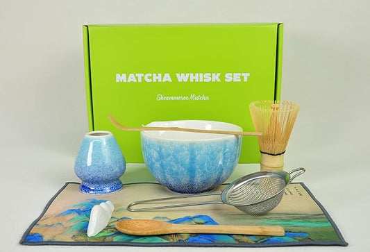 Matcha set, 8pcs Matcha Set Kit Includes Ceramic Matcha Bowl, Bamboo Whisk (Chasen), Whisk Holder, Sifter, Bamboo Scoop, Scoop Rest, Tea Towel, Matcha Whisk Set for Matcha Tea Ceremony, Blue