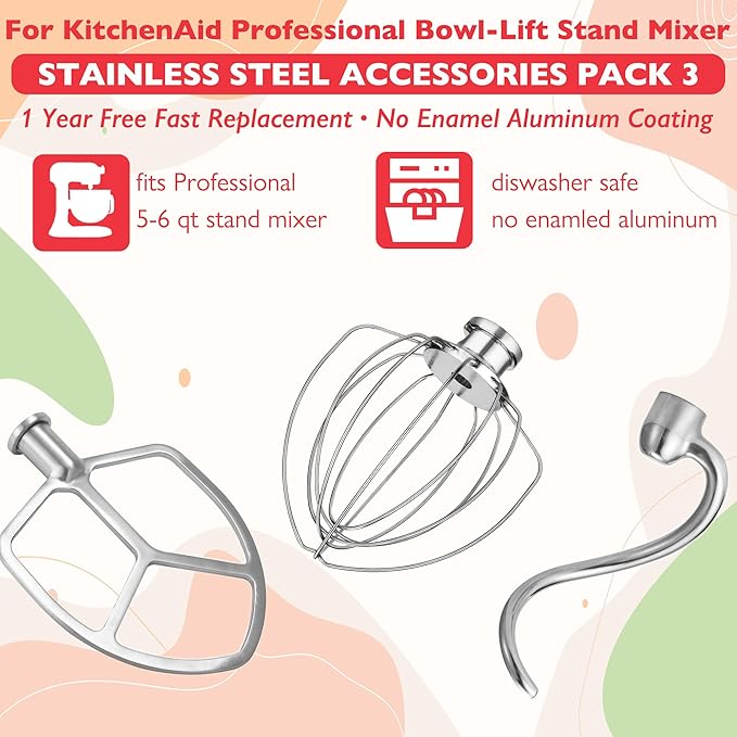 Stainless Steel Accessories for KitchenAid 5-6 Qt Bowl-Lift Stand Mixer, Includes 6 Wire Whisk, Beater, Dough Hook, Dishwasher Safe and Heavy Duty, fits for KP26, KL26, KB26, KSM55/60