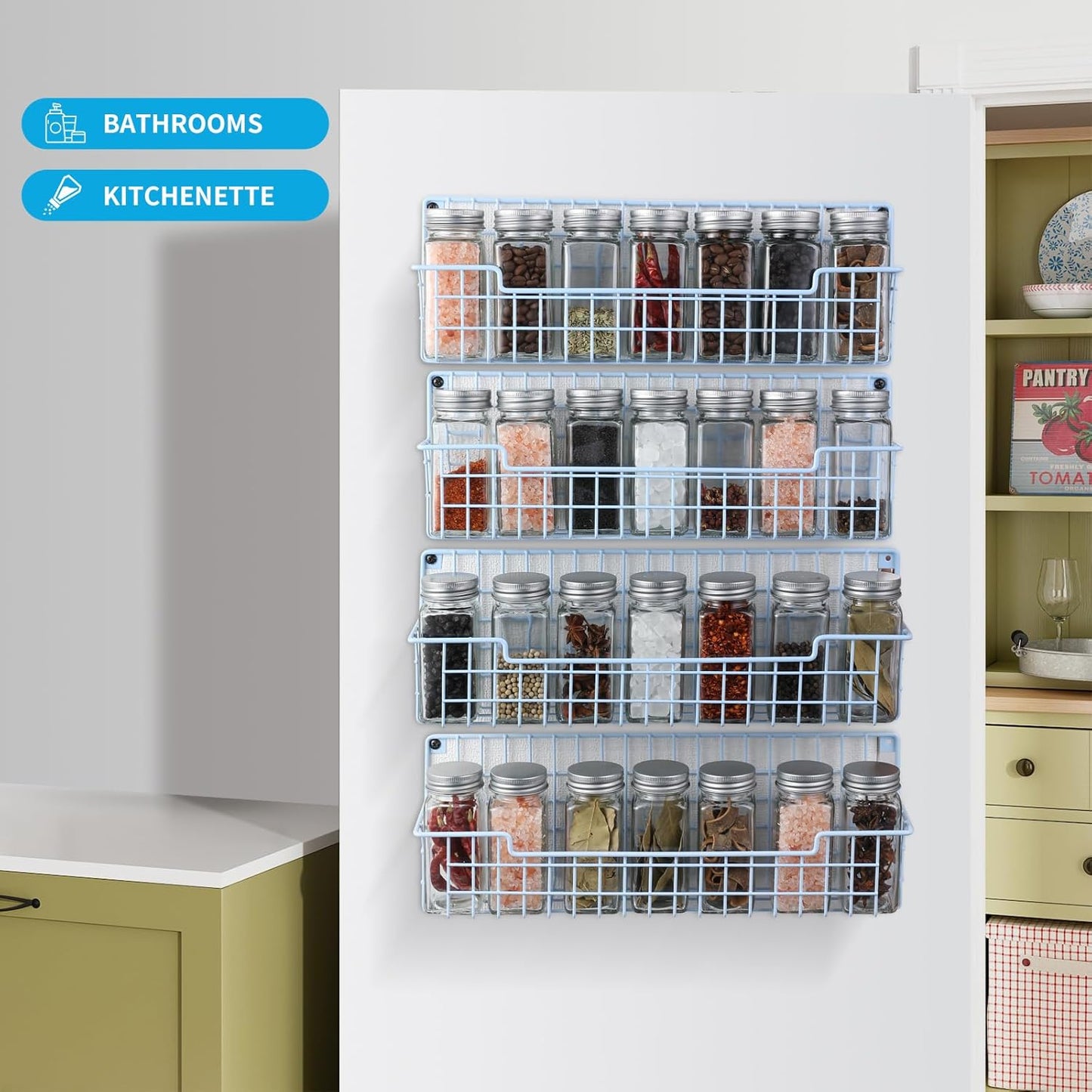 Spice Rack Wall Mount, Wall Spice Organizer for Kitchen Cabinet Door, Pack of 4 Hanging Spice Rack for Wall Saving Kitchen Space, Light Blue