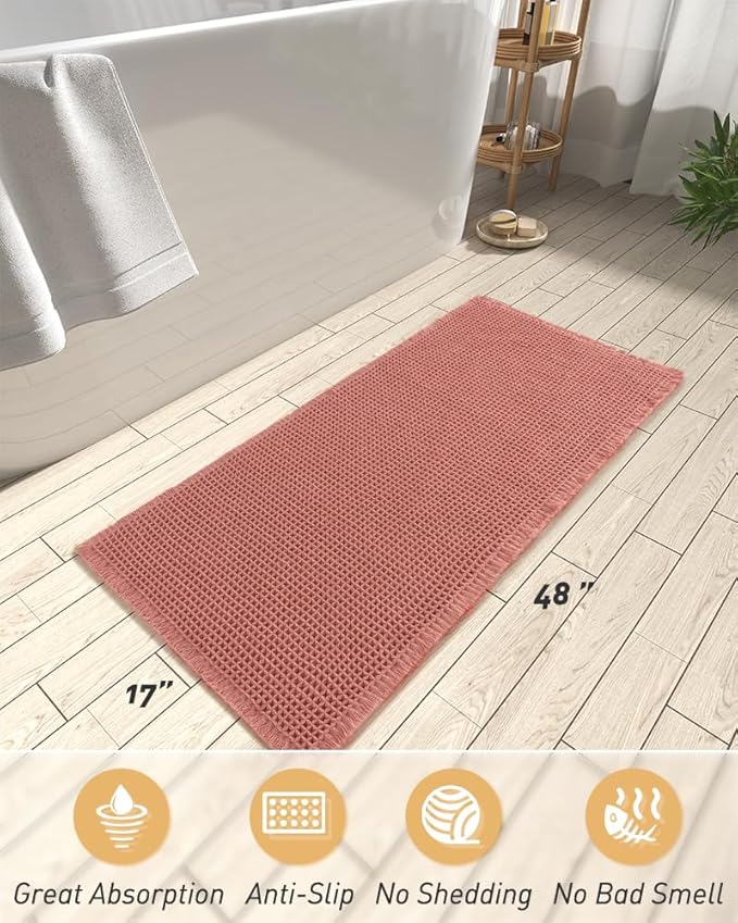 AMOAMI Upgraded Waffle Runner Rug Super Absorbent Non Slip Bath Mats for Bathroom Machine Washable Bathroom Runner Rug with Tassels, Ideal for Hallway Bedroom Laundry Room, 17" x 48", Coral