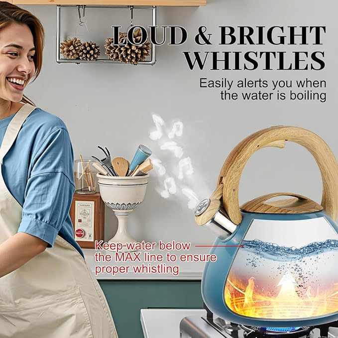 MARSKITOP Tea Kettle Stovetop Whistling, 2.6 Quart Tea Pot for Stove, Food Grade Stainless Steel Teapot for Stovetop with Anti-Hot Handle, Suitable for All Heat Sources, Blue