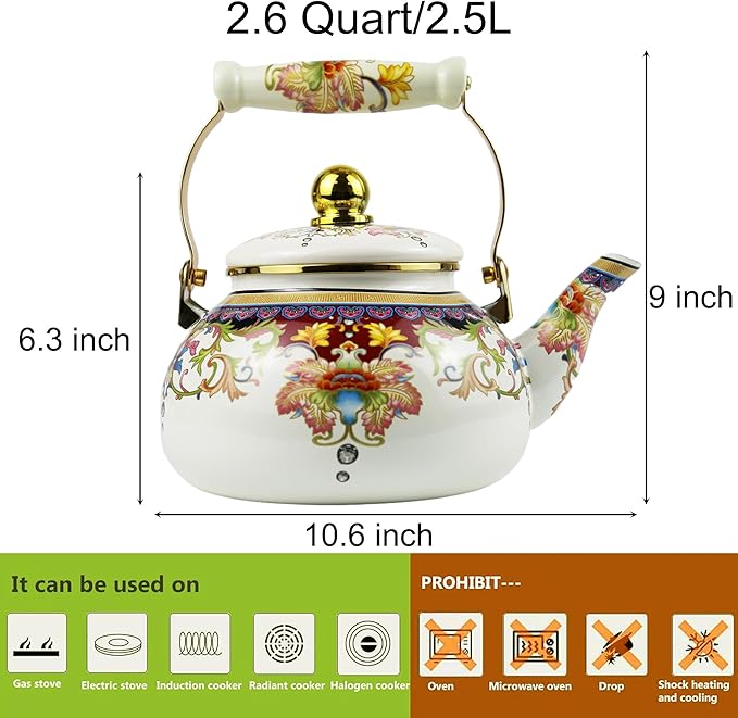 2.5L Floral Enamel Tea Kettle with Ceramic Handle, Stovetop Teapot - Lead-Free, No Whistle, Ideal Gift for Tea Lovers, Used for Drinking Tea in Camping Courtyards