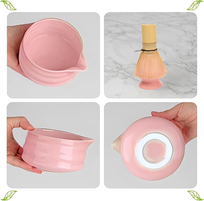 Matcha Whisk Set- Matcha Set includes Matcha Whisk and Bowl with Spout, Sifter, Holder and Scoop- The Perfect Bamboo Whisk for Matcha Tea (Pink)
