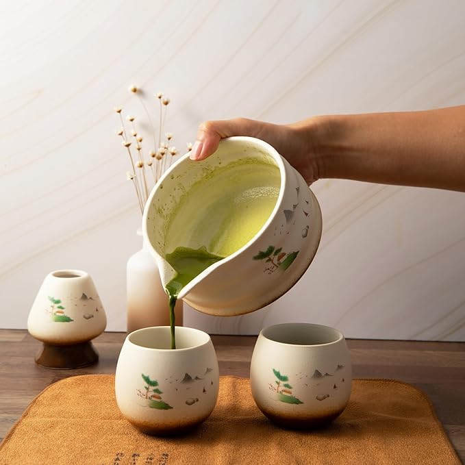 Matcha Whisk Set- Matcha Set includes Matcha Whisk and Bowl (Bowl with Spout), Sifter, Holder and Scoop- The Perfect Bamboo Whisk for Matcha Tea (Cream- 7PC)