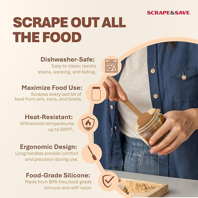 TWO Food Saving, Fast Kitchen Scrapers that Get ALL Food Out of Cans and Jars, esp. corners and bottoms. For peanut butter, mayonnaise, tomato paste, purées, etc. Dishwasher-safe. (Sand/Coral)