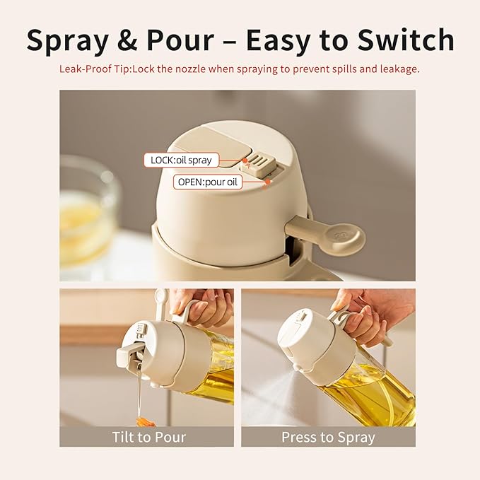 Oil Sprayer for Cooking, 12.3oz/350ml 2 in 1 Olive Oil Dispenser Bottle for Kitchen, Premium Oil Mister for Air Fryer, Salad, Frying (White)