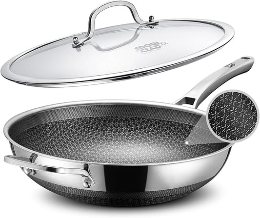Wok, 13 Inch Hybrid Woks & Stir-fry Pans Nonstick, Non Toxic Stainless Steel Wok Pan with Lid, Dishwasher Induction Oven Broiler Safe, PFOA Free Cookware Non Stick