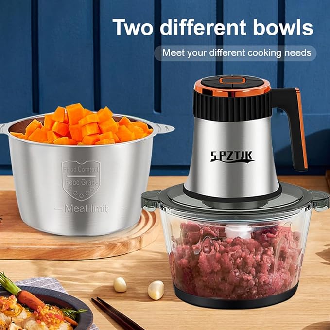 Food Processors, 5-Speed Electric Food Chopper with Vegetable Chopper & Meat Grinder - 2 Bowls (8 Cup Stainless Steel+8 Cup Glass), 300W, 2 Sets of 4 Bi-Level Blades for Vegetable/Fruits/Meat