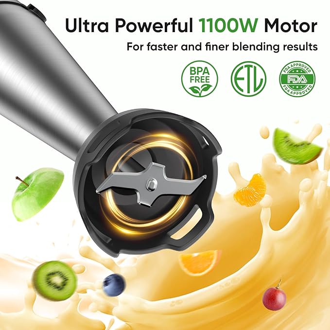 Immersion Blender Handheld 1100W 3 in 1 Corded Stick Hand Blenders for Kitchen with Trigger Speed Control, with Whisk, Milk Frother Attachemnts, Perfect Emulsifier for Soup, Smoothie, Puree