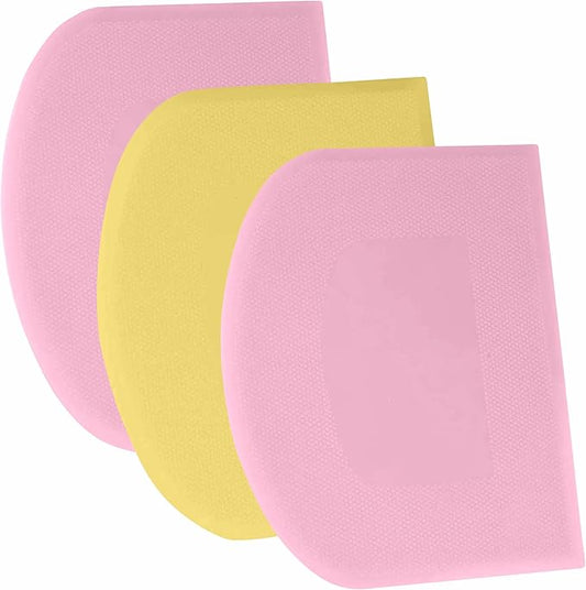 SURDOCA Dough Scraper Bench Scraper - 3P 4.7x3.7" Plastic Flexible Bowl Scraper, Sharp Edge & Angles Cake Scraper. Non-Slip Bakeware Decorating Tools Sculpting & Modeling Tools - Pink+Yellow+Pink
