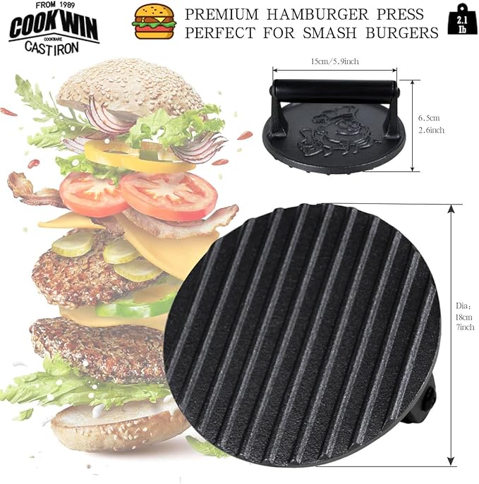 Burger Press-Heavy Duty Smash Burger Press with Heat Insulation Handle-7 Inch Cast Iron Burger Smasher,Bacon Press,Sandwich Press-Round Hamburger Press for Griddle-50 PC Patty Paper for Burger make