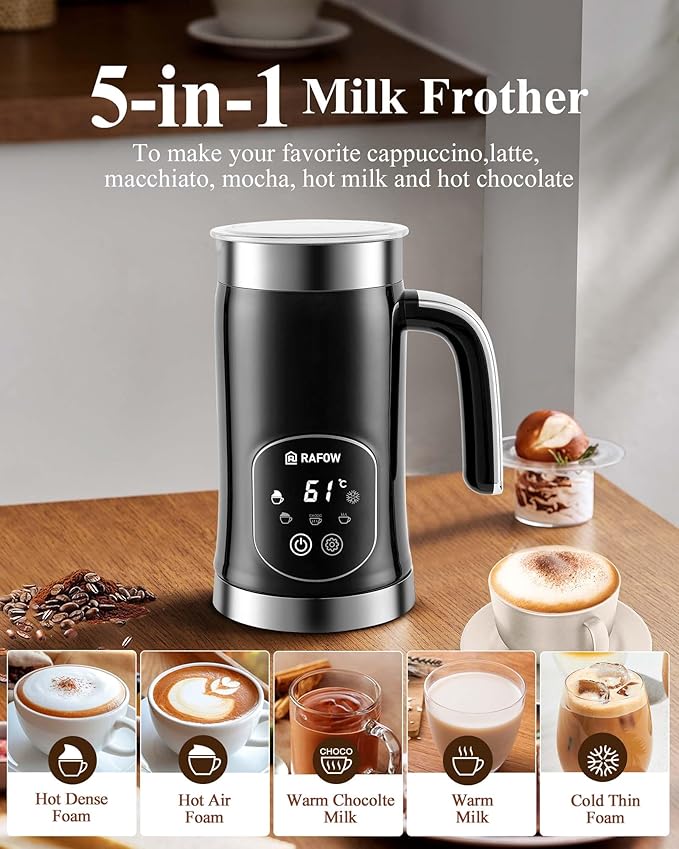 5-in-1 Milk Frother and Steamer - Upgraded Automatic Milk Steamer 11.8oz Hot & Cold Foam Maker and Milk Warmer with LED Display Touch Screen & Two Whisks for Latte,Cappuccinos,Silent Working,120Volts