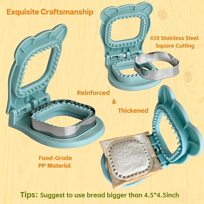 Sandwich Cutter and Sealer - 3.7" Circle & Square Pocket Sandwich Maker, Intuitive & Easy-to-Use for Boys &Girls, Perfect for Breakfast & Lunchboxes (Light Blue, Square)