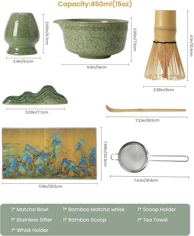 Matcha Whisk Set,7 Pcs Matcha Kit Includes 15oz Spouted Matcha Bowl,Bamboo Whisk,Scoop & Sifter for Matcha Lovers,Beginners,Birthday,Christmas(Matchat Green)