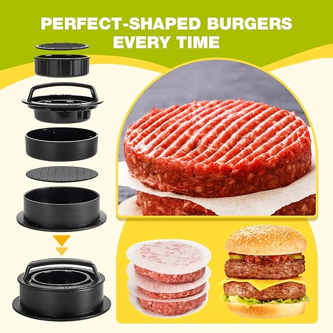 Fervidus 3PCS Smash Burger Press Kit, 6.8" Round & 8.3"x4.1" Rectangular Cast Iron Grill Press, 3 in 1 Stuffed Burger Mold, Non Stick Smash Burger Press Set for Grill and Griddle Cooking
