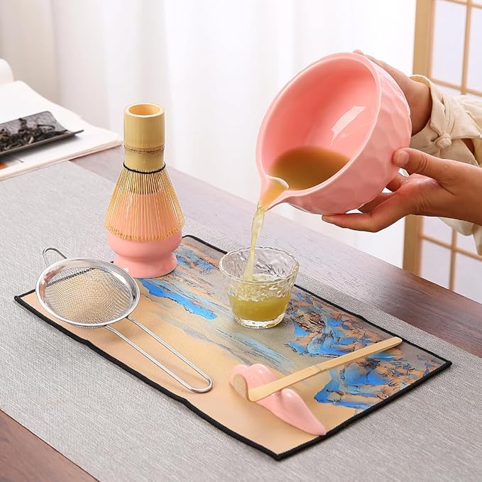 7-Piece Matcha Whisk Set, Pink Ceramic Matcha Bowl with Unique Diamond Design, Bamboo Whisk, Scoop, Sifter & Tea Towel - Complete Matcha Kit for Tea Lovers (Pink Gift Box)