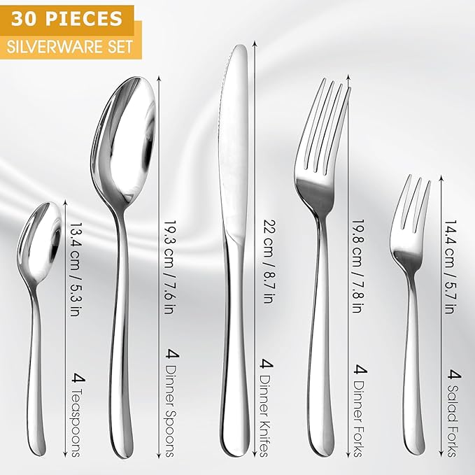 30-Piece Stainless Steel Flatware Set, Service for 6, Durable 18/0 Silverware with Ergonomic Design, Dishwasher Safe Tableware in Simple Style